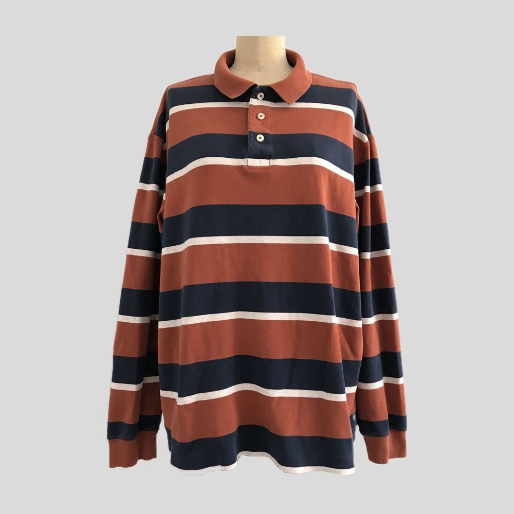 Lands End Blue Brown Striped Pima Cotton Long Sleeve Preppy Rugby Shirt Size L